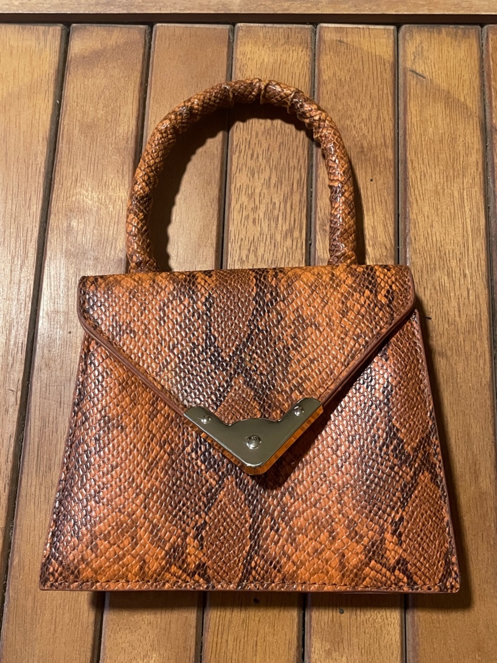 Textured 5 1/2” Mini Top-Handle Bag in Cognac Snake-Print